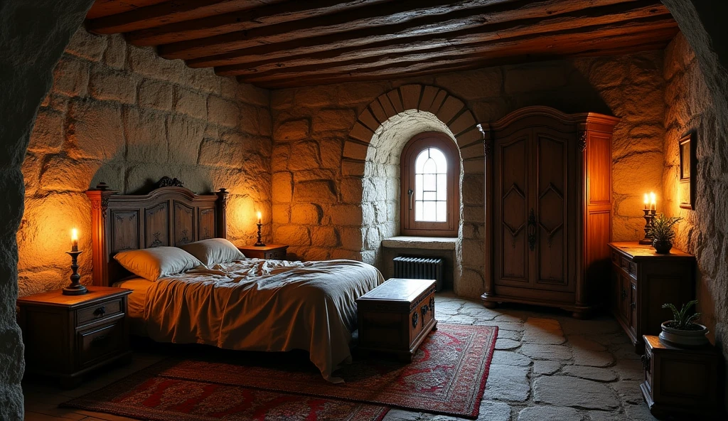 Interior environment of a medieval castle, bedroom style, environment with cinematic lighting, rich in details, large-scale environment