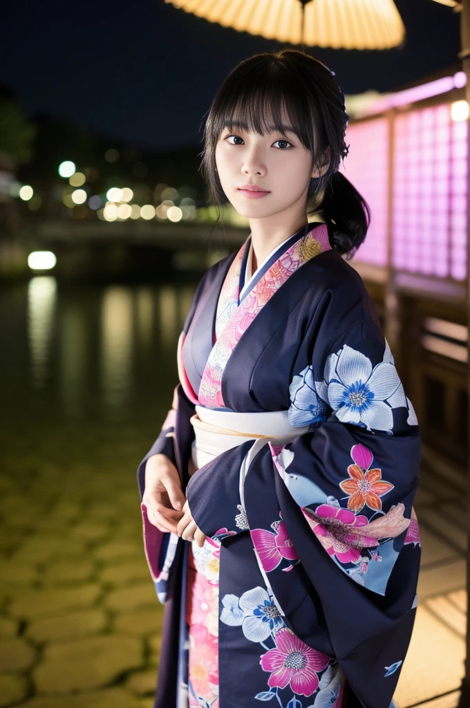 (kimono)、(((Highest quality、masterpiece、Very detailedな画像,Very high resolution))),(Realistic:1.5,RAW shooting,)超Realisticなキャプチャ,Very detailed,Human skin reproduction with 16K resolution、The skin texture is natural、Beautiful Skin、Beautiful colors.、Use natural light and color、1 adult female:24-years-old、Japanese、Beautiful woman、Beautiful black hair、Overall image、Whole body、(chromatic aberration) 、Overview lighting、Natural Shading)、(Kyoto、at night、Outdoor lighting)、(It&#39;s snowing:1.2)、(Hair swaying in the wind:1.2)、(Reflective Snow:1.2)