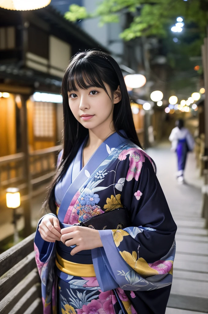 (kimono)、(((Highest quality、masterpiece、Very detailedな画像,Very high resolution))),(Realistic:1.5,RAW shooting,)超Realisticなキャプチャ,Very detailed,Human skin reproduction with 16K resolution、The skin texture is natural、Beautiful Skin、Beautiful colors.、Use natural light and color、1 adult female:24-years-old、Japanese、Beautiful woman、Beautiful black hair、Overall image、Whole body、(chromatic aberration) 、Overview lighting、Natural Shading)、(Kyoto、at night、Outdoor lighting)、(It&#39;s snowing:1.2)、(Hair swaying in the wind:1.2)、(Reflective Snow:1.2)