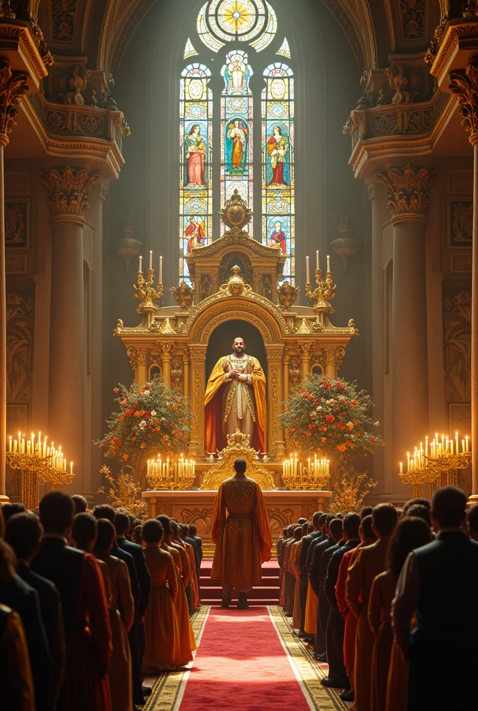 Dom Pedro II, emperor of brazil, on top of an altar being worshipped by the subjects