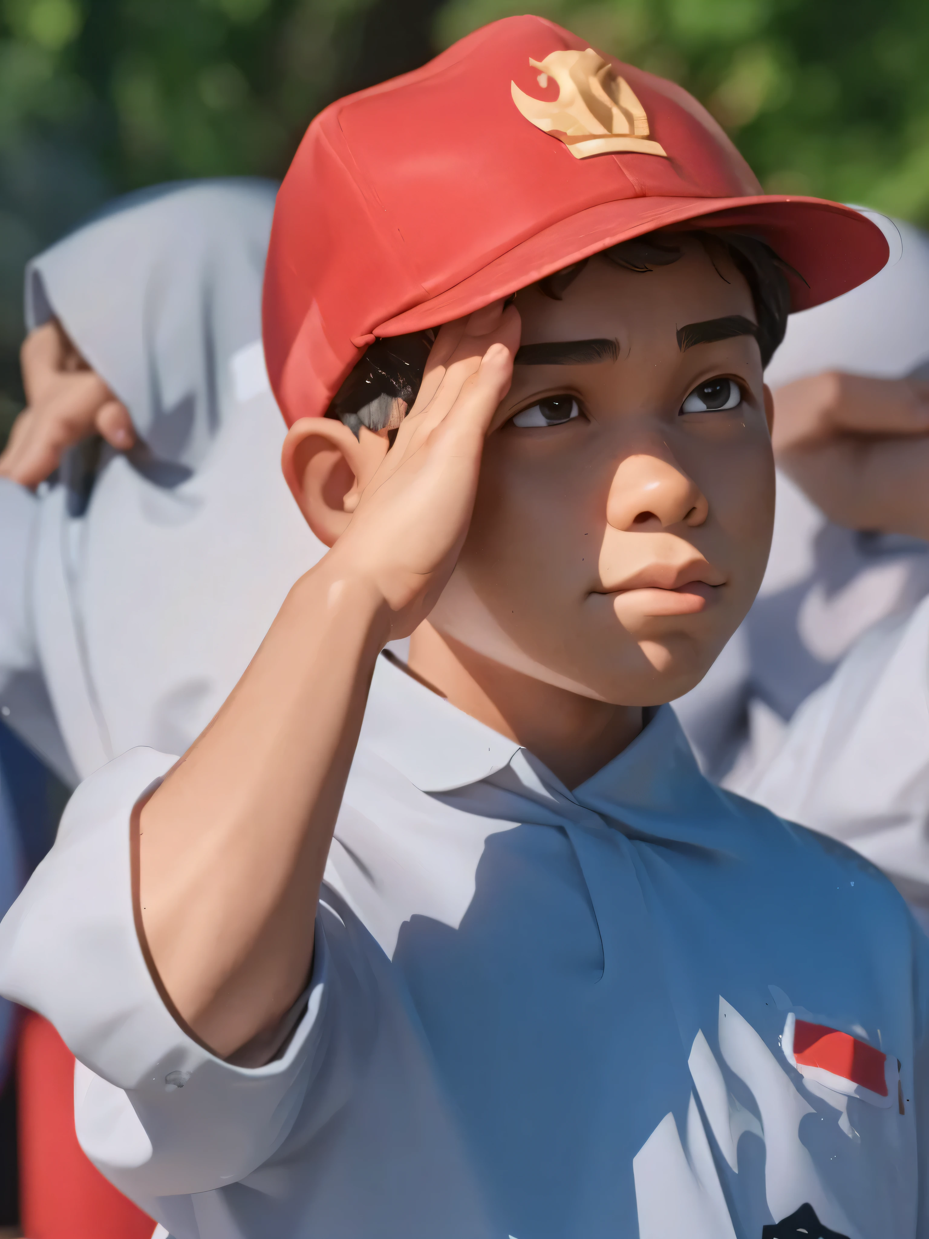 3d cartoon caricature, An Indonesian elementary school boy is raising his hand to his Temples of the head, a gesture of respect, Feet puddled in a puddle of wet earth, behind him there are male elementary school students wearing red hats and female elementary school students wearing white hijabs, a ceremony,The attitude of respect looks upwards, 3D render, 3D Cartoon, big head, cartoonish look, high resolution, super detail, soft lighting