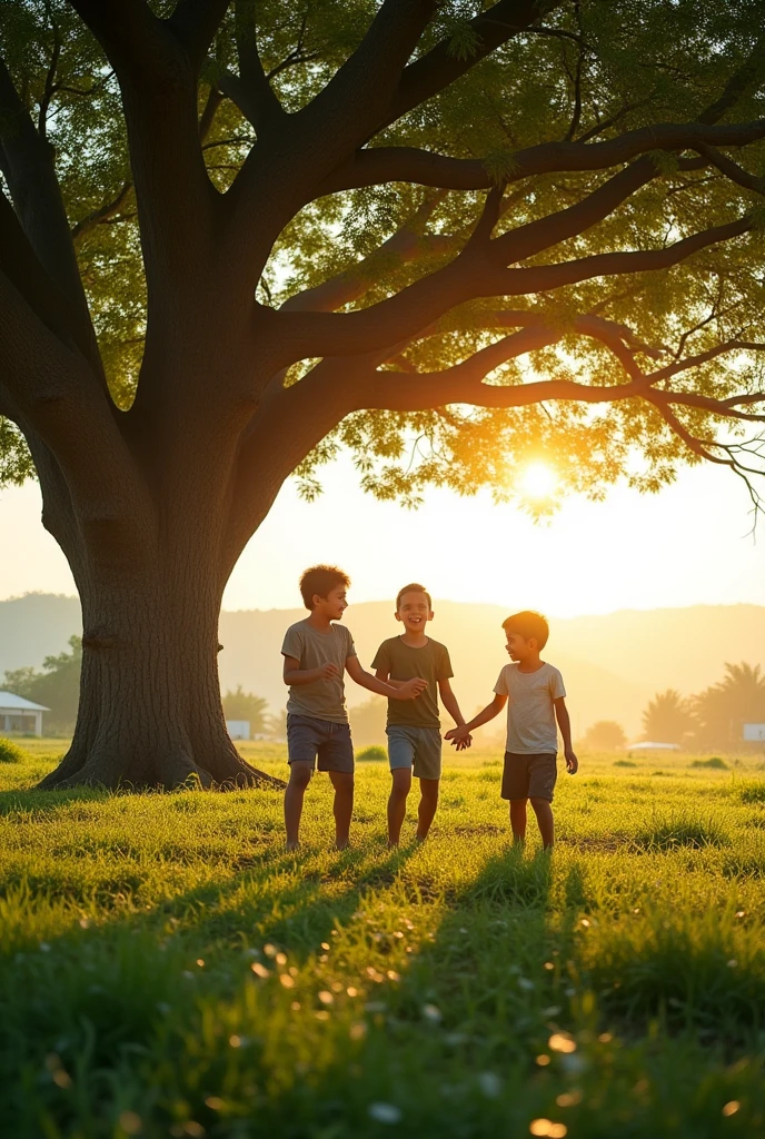 Photos of a tamarind tree with 3 boys and 1 together. ON A BEAUTIFUL SUNNY MORNING