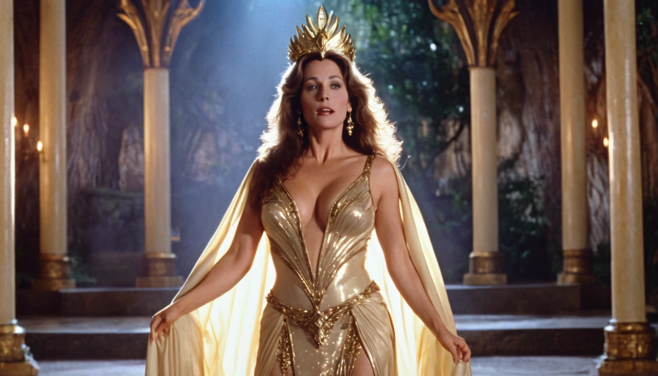 A high quality 1980s fantasy movie still, with film grain. (full body photo). Soft, dramatic lighting. A seductive ((45 year old Jewish woman)), princess, revealing, ((plunging neckline)). (wearing a golden tiara) Large nose, wide chin, with broad shoulders, thick body, wide hips, tan skin and long brown straight hair, long flowing open cape. Set in lavish fantasy (throne room with trees as pillars), beautiful masonry of an ancient elven castle. Soft warm light from magical floating torches. Anatomically Correct, High Resolution, Textured Skin, Wide Shot, Breasts,