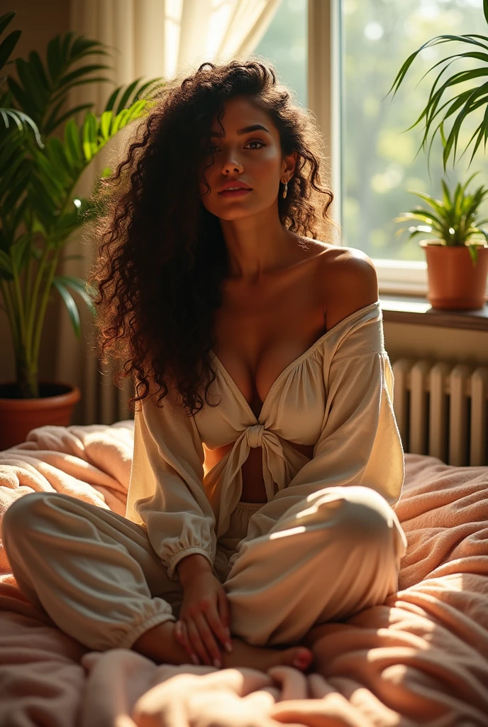 (photorealism:1.2), beautiful woman, sitting on bed, wearing loose off-shoulder top, pajama pants, long curly hair, indoors, soft lighting, plants in background, window with sunlight, cozy room, relaxed pose, realistic, intricate details, warm colors, by Greg Rutkowski, by Alphonse Mucha