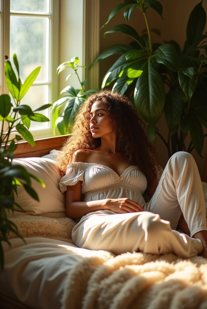 (photorealism:1.2), beautiful woman, sitting on bed, wearing loose off-shoulder top, pajama pants, long curly hair, indoors, soft lighting, plants in background, window with sunlight, cozy room, relaxed pose, realistic, intricate details, warm colors, by Greg Rutkowski, by Alphonse Mucha