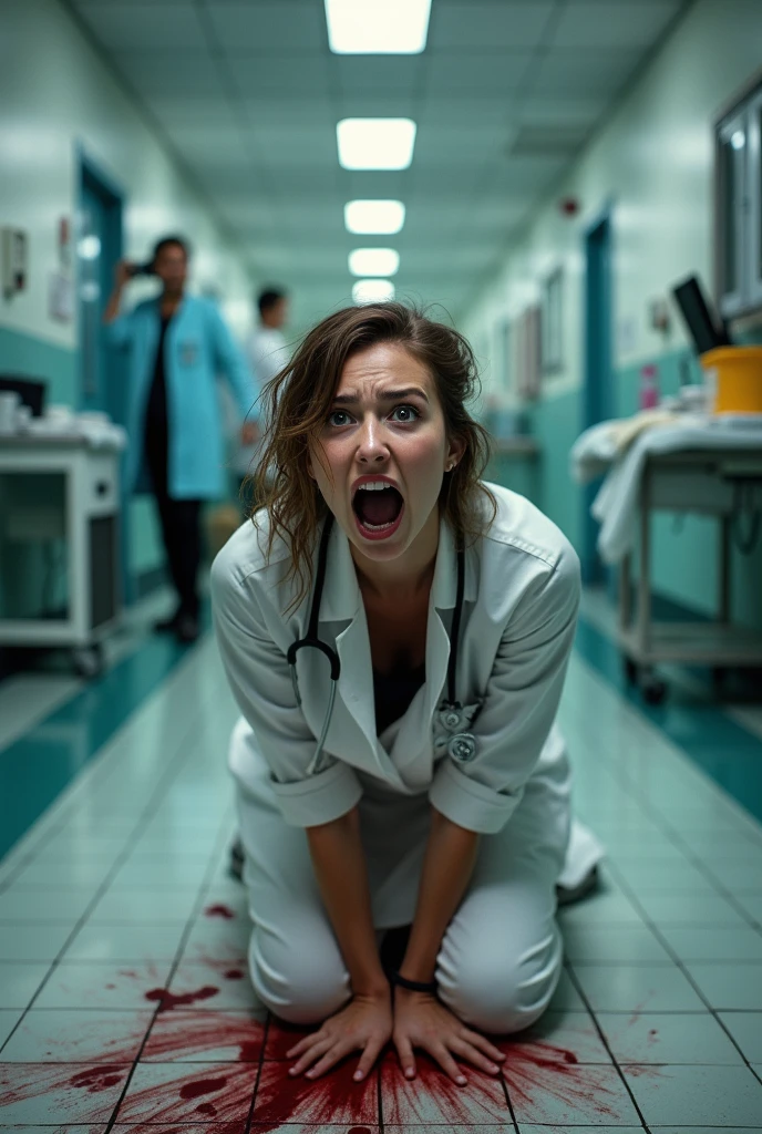 Young Female doctors with blood strains on apron screaming on the floor