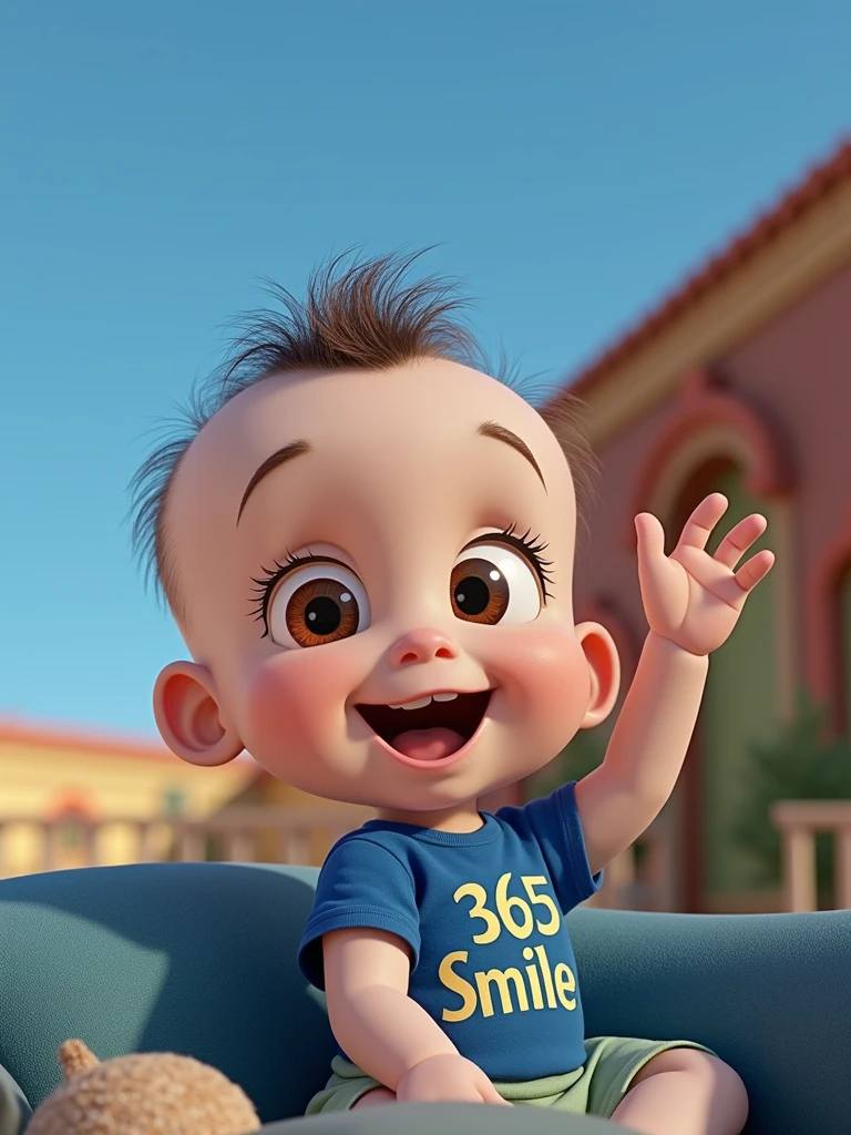 Cartoon character of a  9 montr skin short hair with curls on top , brown slanted eyes and blue shirt with 365 smiles written on it, light green shorts an animated character, stylized character, animation style rendering, 3d stylized, Arnold Maya rendering, Stylized 3D rendering, toon render screenshot, 3d character, 3d character, Stylized 3D rendering, 3D character rendering, cartoon character, Personagem de close up, character posing, (Pixar-style) (master part:1.2) (bokeh) (best qualityer) (skin detailed) (detailed texture) (8k) (Argilla) (cinematic lighting) (sharp focus，Sit down and lift your upper body