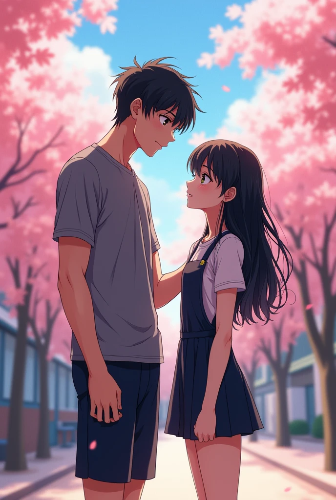 anime style,high school couple , a boy touch the girl hair , boy is a badminton player height:180 white skin thin muscle and tall and Textured bowl cut and waer exercise clothing  , the girl has long black curve hair introvert and shine and very cute, girl wear suspender dress
4k high quality  wallpaper