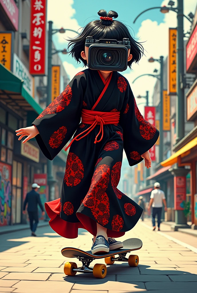 wearing a kimono that is black with red mixed in.、Riding a skateboard、Face is a video camera、2D Animation