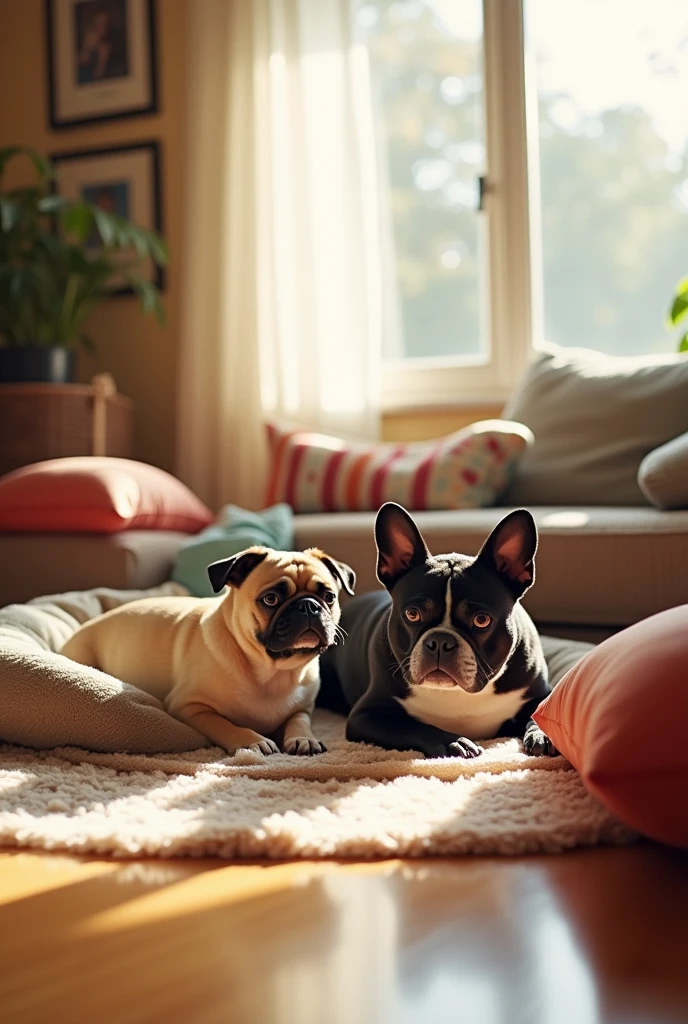 Pug dog. She's name is Lucy. She has a boyfriend. He's name is Jack. They have a kid. The kid name is Joe