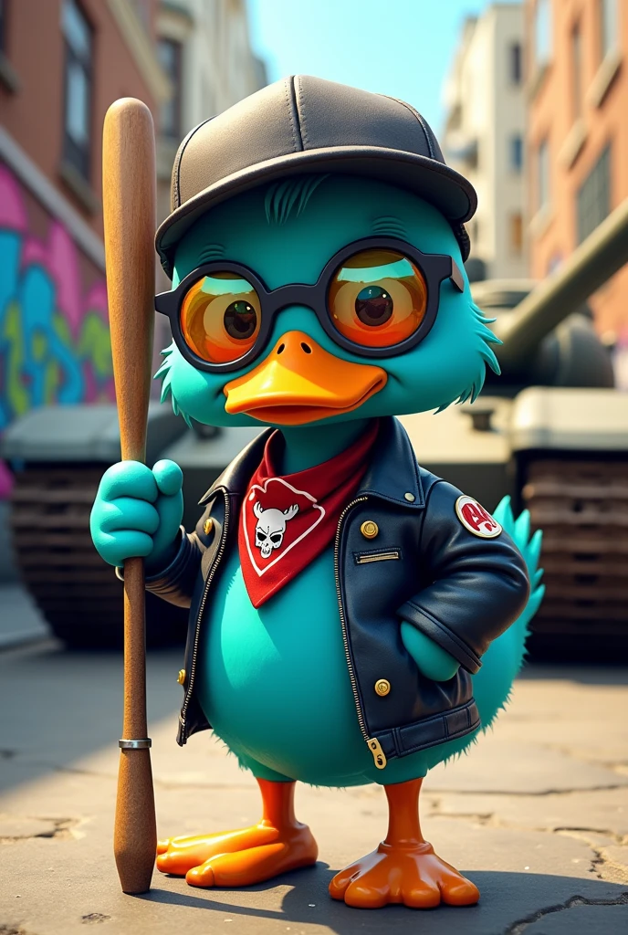 Cute duck,cyan,darkside,skull,cartoon,baseball brat in hand,street,gold,mystic
Touch,leather jacket,Baseball Cap,sunglasses,grafitti,scateboard,bandana,punisher,tank in background