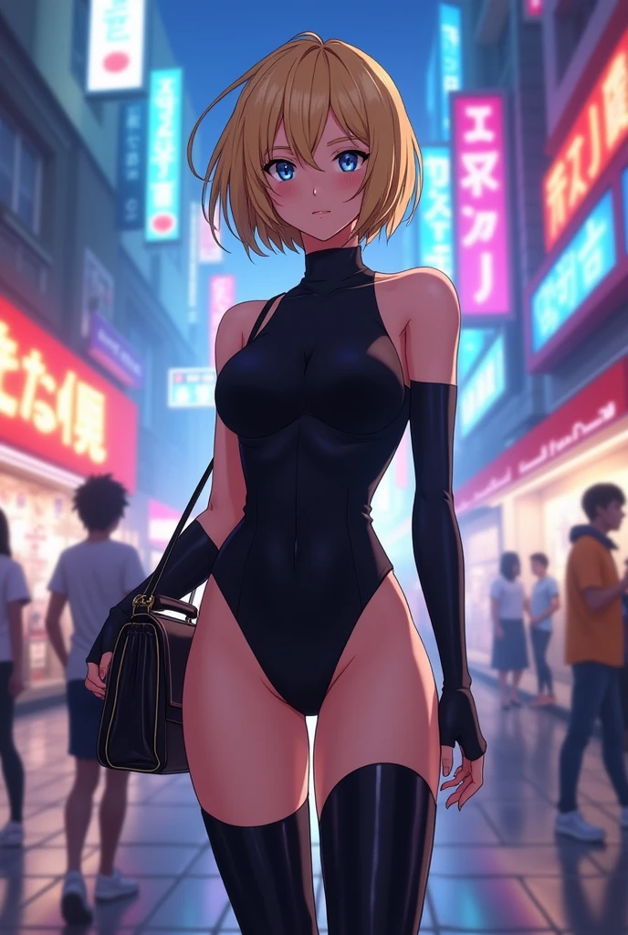 Blonde、Berry Short、woman、anime、leotard、Blue Eyes、Omi、aldult、Black clothing、Thigh-high boots、long handbag