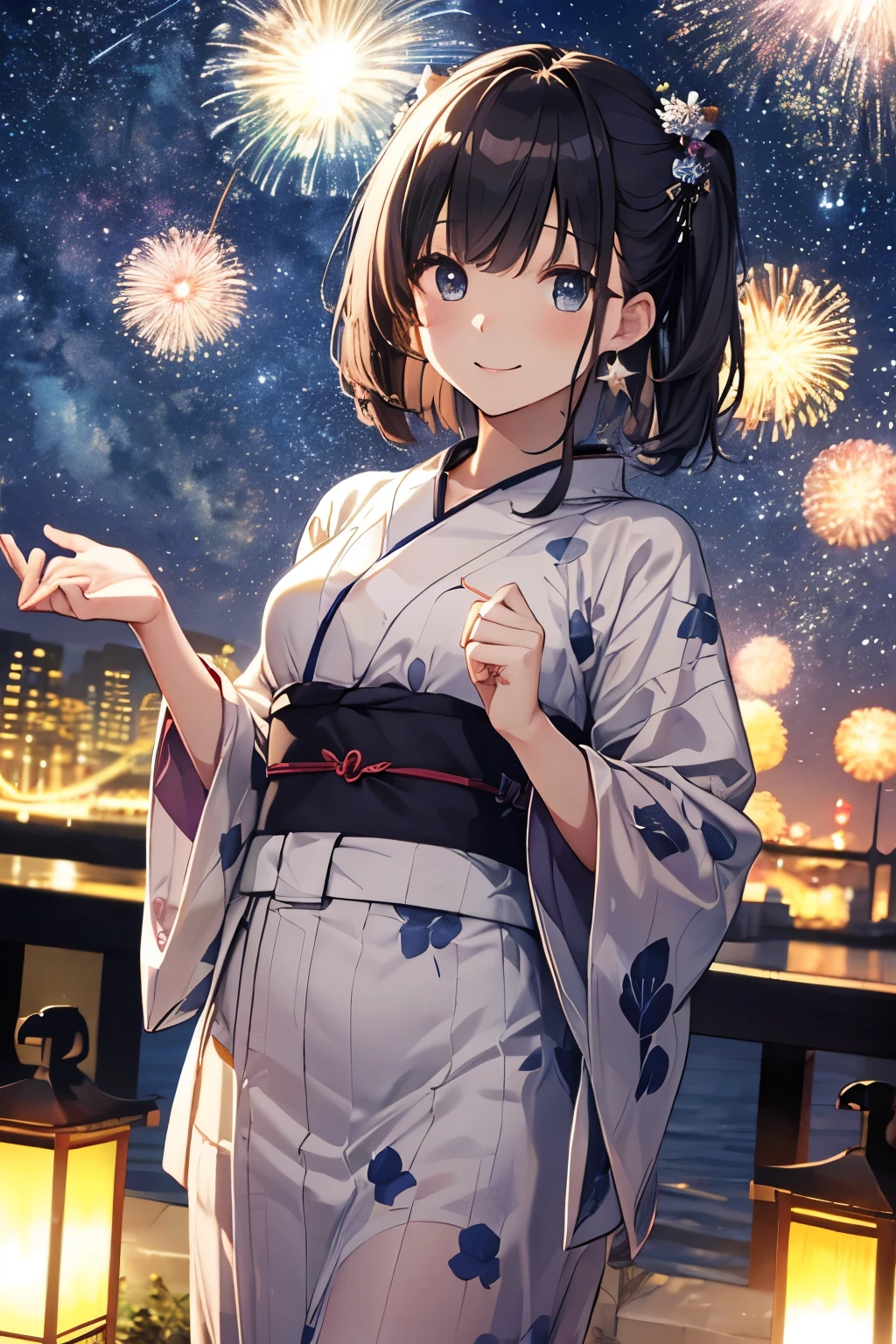 Black Hair。Girl。yukata。night。A starry sky。fan。look up。smile。Outdoor。stream。On Bridge。