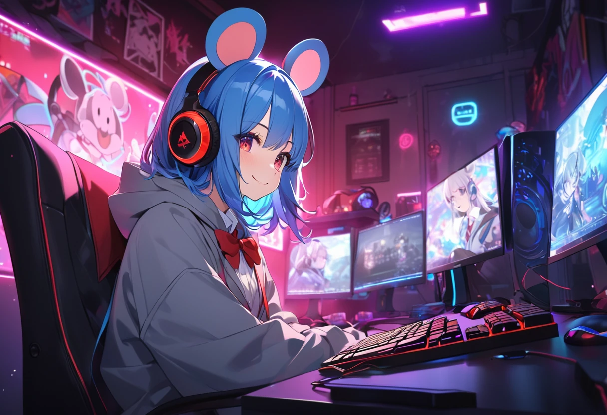 Blue Hair Girl、Hoodie with hood、{gray hoodie, hood up,Hoodie with big mouse ears}、High School Uniform、{White collared shirt、Red bow tie},smile、Dark Room、Using a gaming PC、Headphones、Desktop type gaming PC with visible internal structure illuminated by neon lights、