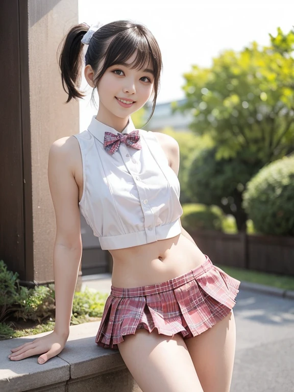 1 Japanese girl standing, sleeveless white shirt, plaid bow tie, thong with plaid frill,18year old, bangs, smiles, thighs, knees, short cut hair, pony Tail, in park