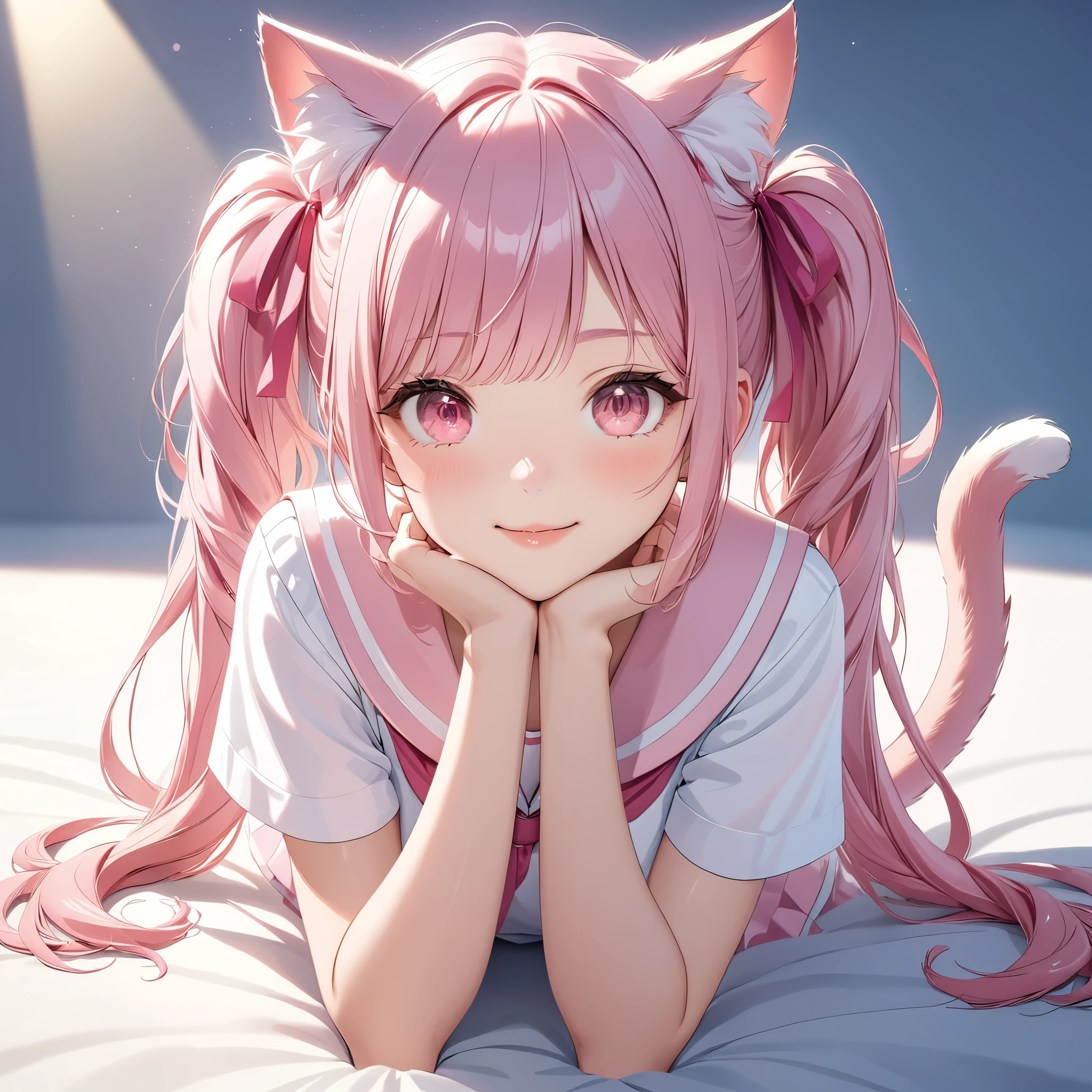 (8K, masutepiece, Best Quality, Official art, beautiful lighting, The best masterpiece in history that exceeds limits, beautiful detailed), (1 Girl, Solo), (), (beautiful detailed face), (shiny white skin), (Beautiful big bust:1.3), (thighs, navel:1.3), (beautiful detailed pink twin tails hair, Bangs:1.3), (beautiful detailed drooping pink eyes:1.5), (high school uniform:1.3), (patsel pink sailor collar, white short sleeves short length outing shirt, pastel pink pleated skirt, patsel pink ribbon:1.3), (happy smile:1.2), (cute cat ears, cute cat tail:1.5), (Attractive, sensational, look at the camera, cute pose, lying down on her back, fetal position:1.5), (simple white plain background:1.5),