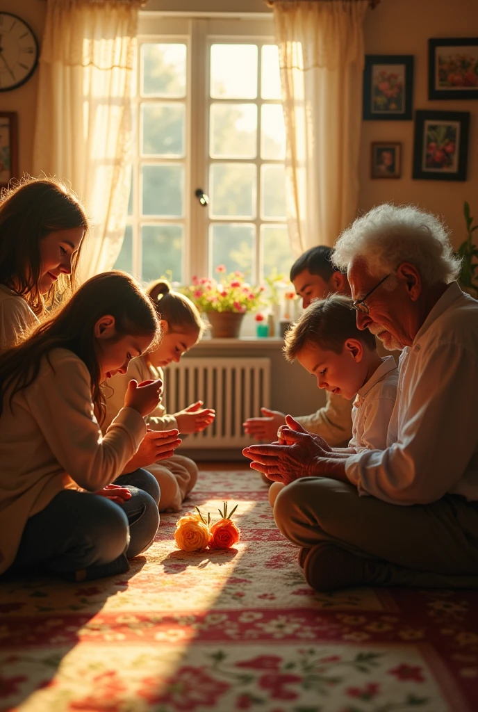 Grandparents and grandchildren in moments of prayer, showing the passing of faith between generations.