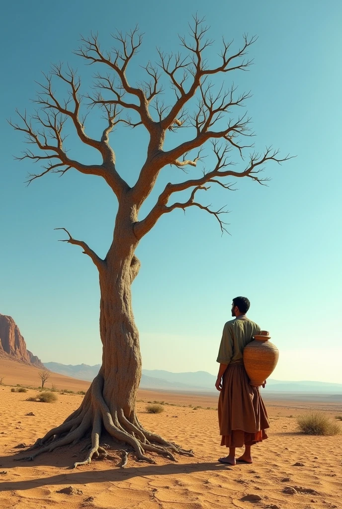 A lone, dry tree standing in a vast, barren field with a person carrying a water pot beside it.
