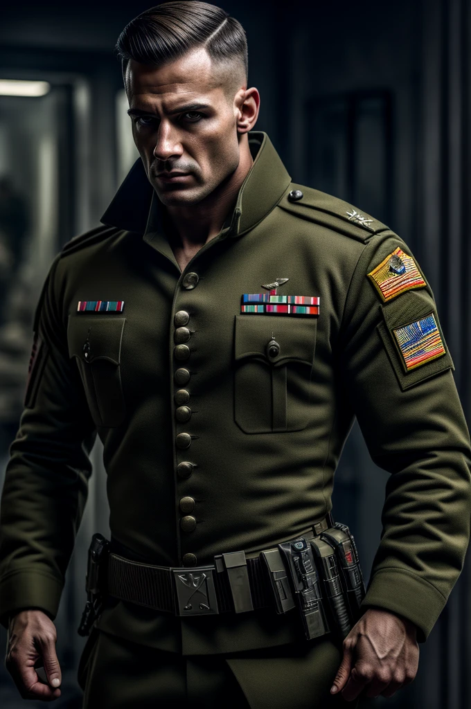 1 male army commander, 2 meters tall, muscular body, wearing military uniform, carrying modern gun, pistol and combat knife, in various poses, detailed facial features, high quality, realistic, photorealistic, 8K, HDR, physically-based rendering, cinematic lighting, military style, dark moody color palette