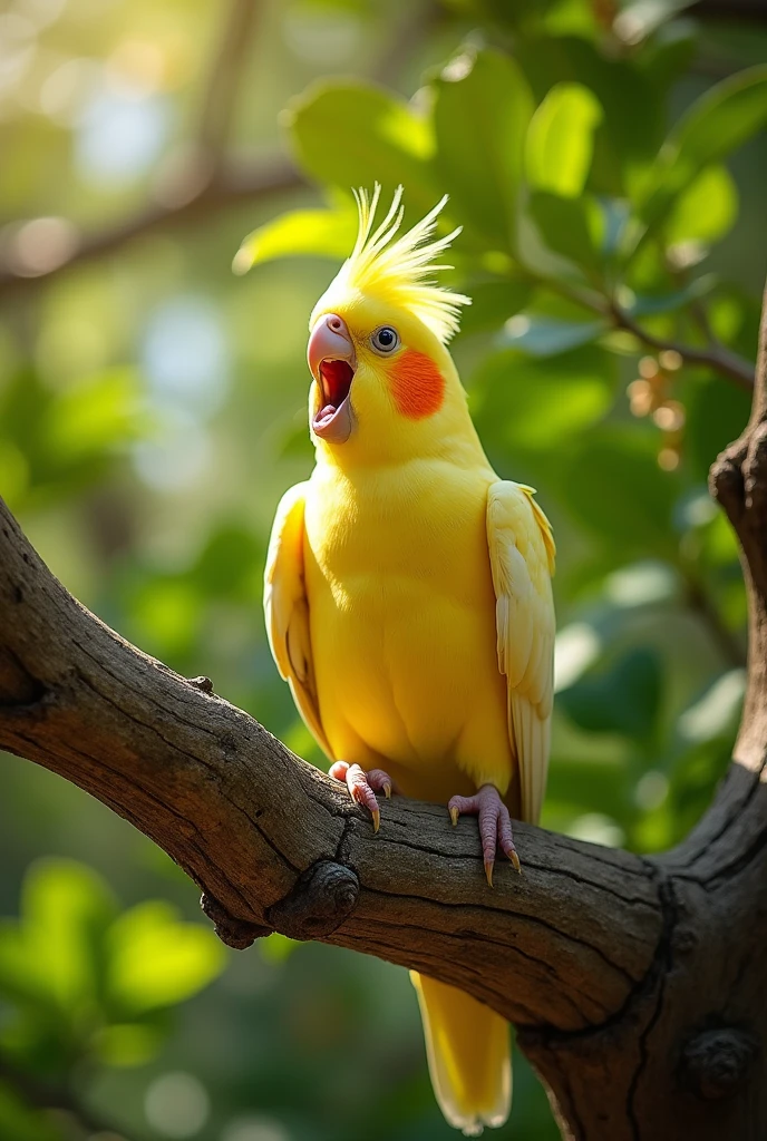 Create for me a yellow cockatiel yawning on top of a tree