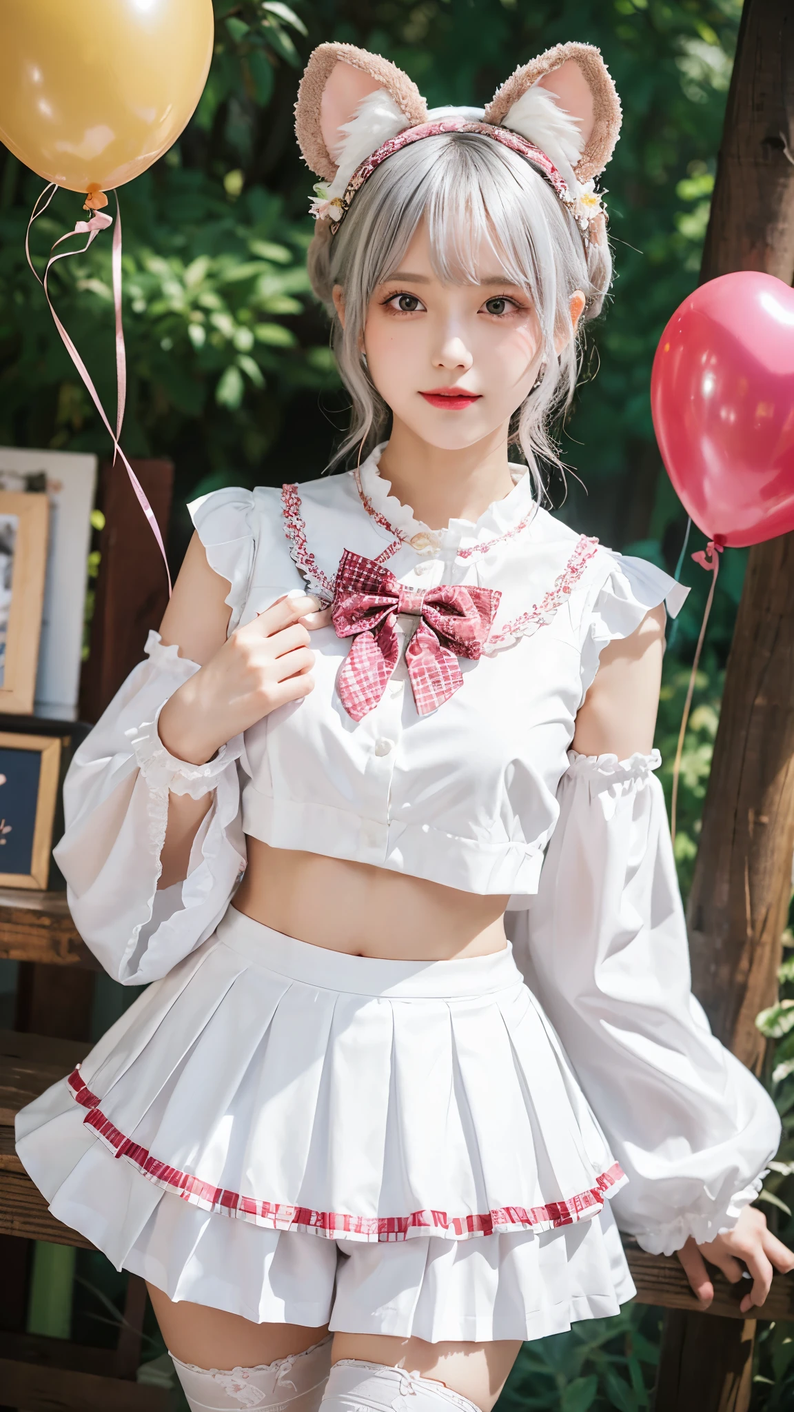 embedding:zPDXL2, film grain,Cinematic Lighting, Expressiveh,th3rm4l,colorful,MythAn1m3,mythp0rt, vikala \(granblue fantasy\), 1girl, solo, looking at viewer, blush, smile, short hair, open mouth, bangs, skirt, shirt, hair ornament, red eyes, long sleeves, bow, navel, holding, animal ears, jewelry, underwear, standing, panties, white shirt, white hair, :d, hair bow, heart, pleated skirt, hairband, outdoors, frills, sky, hairclip, midriff, miniskirt, wide sleeves, white panties, crop top, sleeves past wrists, thigh strap, fake animal ears, pantyshot, cover, white skirt, brooch, cover page, doujin cover, mouse ears, balloon, heart brooch, holding balloon,