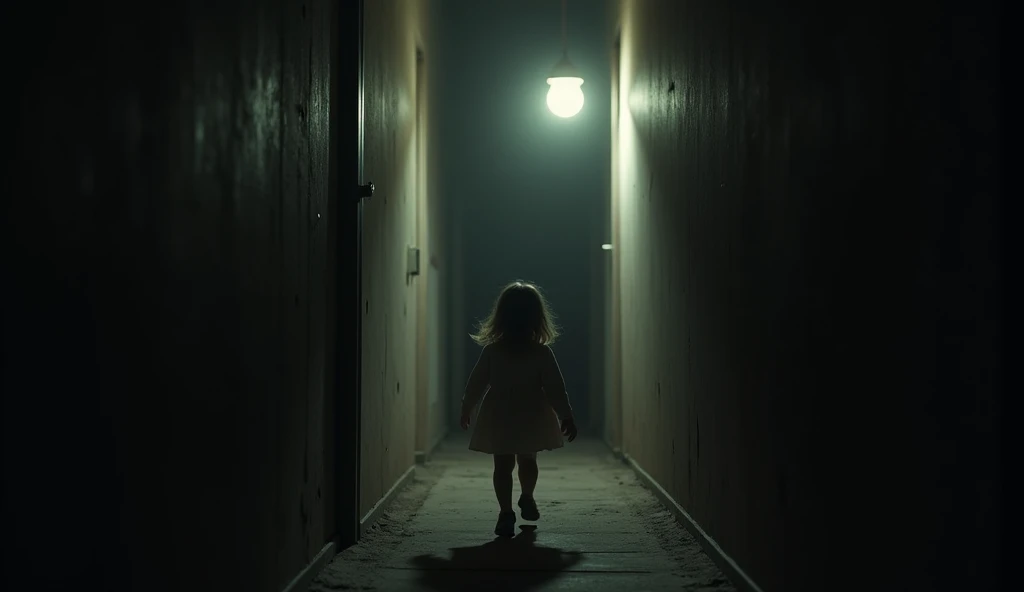 Character: Kittu, with a blank expression, slowly walking down the dark hallway, her small figure barely illuminated by the flickering bulb.
Background: The hallway is long, narrow, and shadowy, with a broken bulb hanging from the ceiling, flickering sporadically. The end of the hallway is shrouded in complete darkness, giving a sense of foreboding. The floor is slightly dusty, with Kittu’s tiny footsteps subtly imprinted.