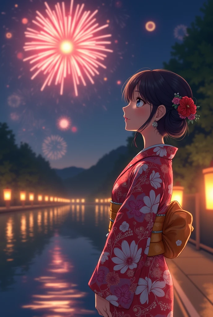 “A high school girl in a traditional yukata, standing by a riverbank during a summer night. She gazes up at the sky, mesmerized by the colorful fireworks exploding above. Her hair is styled in a simple, elegant manner, with a few stray strands gently blowing in the breeze. The atmosphere is warm and nostalgic, with distant lanterns and the soft glow of the fireworks reflecting on the water, capturing the essence of a serene and joyful summer evening.”