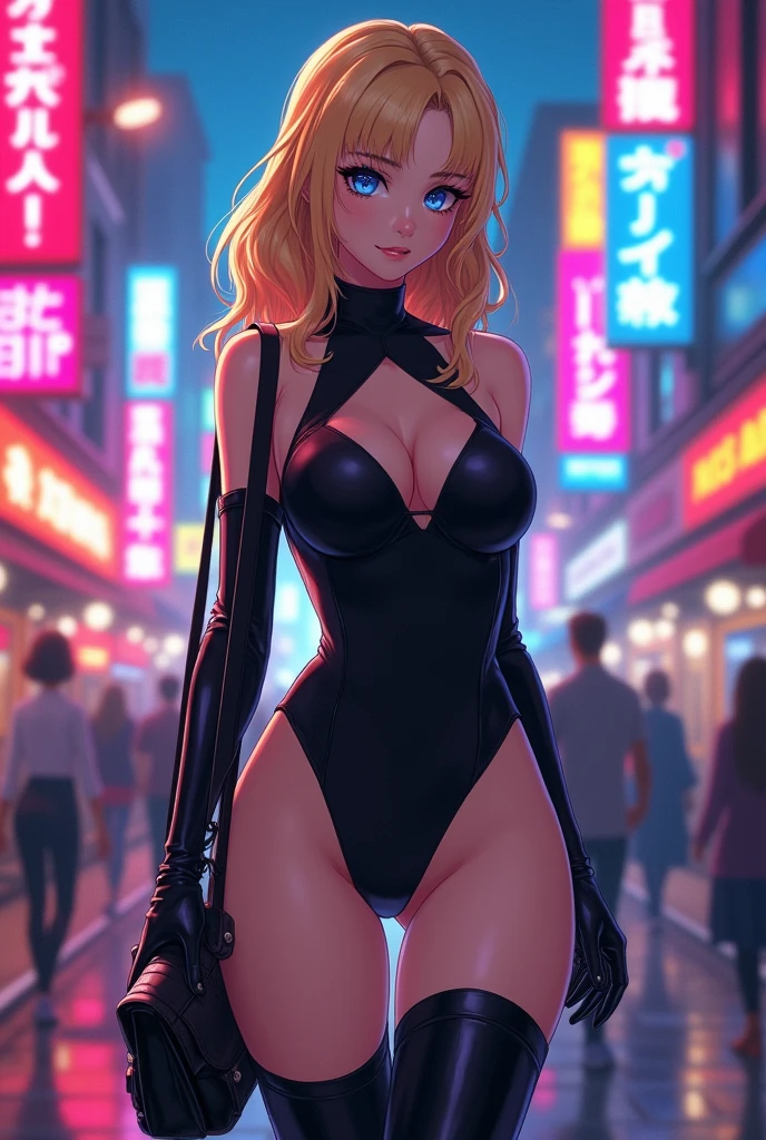 Blonde、semi-long、woman、anime、leotard、Blue Eyes、Omi、aldult、Black clothing、Thigh-high boots、long handbag