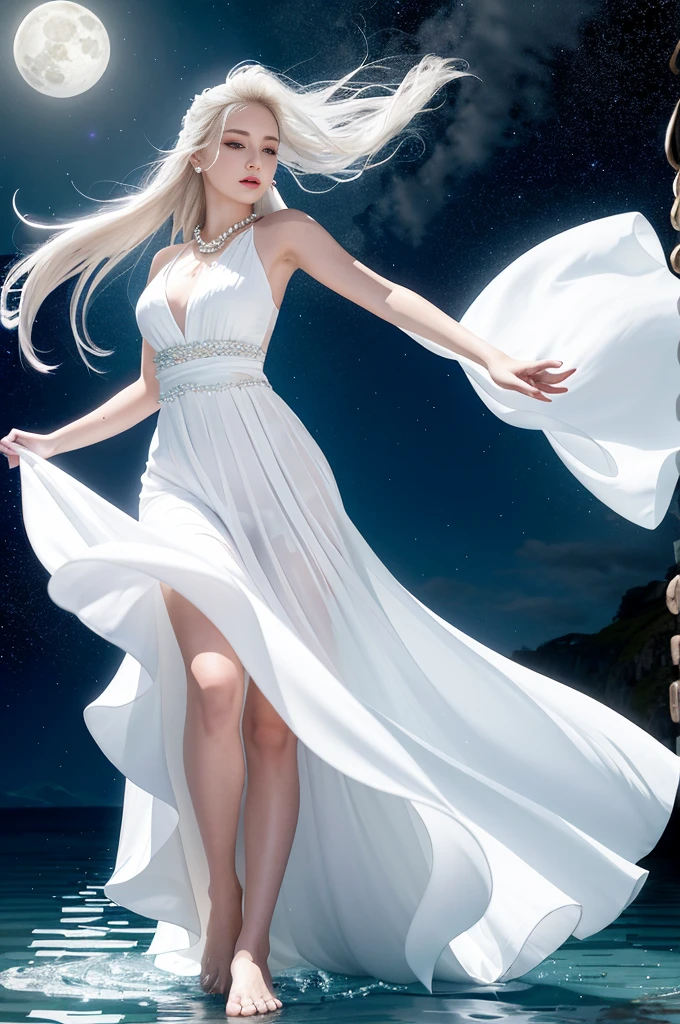 Beautiful woman in white dress standing in sea water,flowing skirt, barefoot, glowing face, eyes shining, pale skin, goddess, get the key, Diamond necklace, Pearl in water, night, Starry Sky, Sky and Milky Way, full moon in background, Como uma goddess, Walk on water, enlightened woman, blue water, wearing a White flowing dress, White flowing dress, She floats in the air, flowing white robe, stand on tiptoes, elegant dress, lindo White long skirt longo, Wearing a flowing dress, floating in the air, White long skirt, Stylish floating pose, hair blowing in the wind, girl dancing in white dress, mystery, magic, realist, shocking, dark, Dramatic, , mystery, goddess