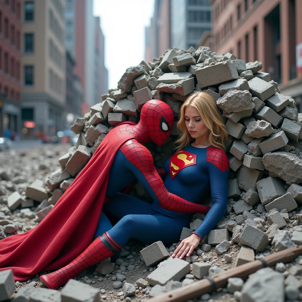 Supergirl trapped under heavy rubble after a battle, struggling to lift it, while Spider-Man uses his webs and strength to help lift the debris and free her."A 16K resolution image with ultra-high picture quality, ensuring sharp, crisp details and textures throughout. The image should have exceptional clarity, with vibrant, true-to-life colors and a high dynamic range. Lighting should be natural, enhancing depth and detail, with no noise or blurriness, even in the darkest areas.".