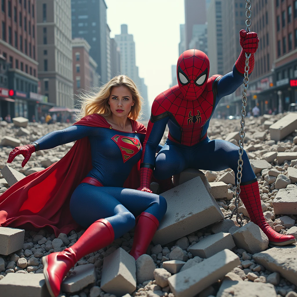 Supergirl trapped under heavy rubble after a battle, struggling to lift it, while Spider-Man uses his webs and strength to help lift the debris and free her."A 16K resolution image with ultra-high picture quality, ensuring sharp, crisp details and textures throughout. The image should have exceptional clarity, with vibrant, true-to-life colors and a high dynamic range. Lighting should be natural, enhancing depth and detail, with no noise or blurriness, even in the darkest areas.".