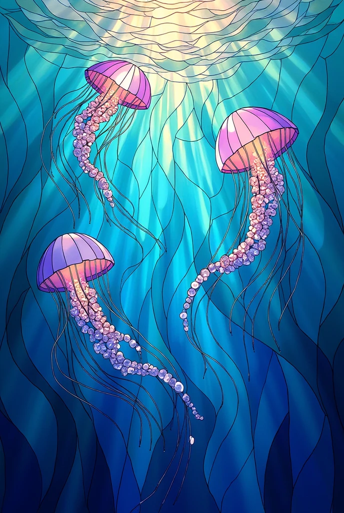 ocean waves and jellyfish stained glass