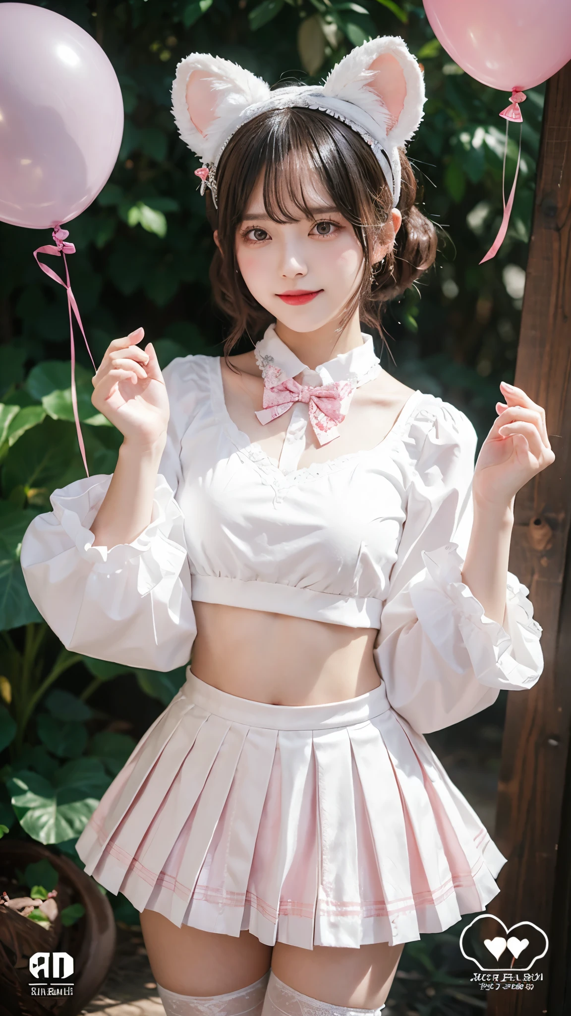 embedding:zPDXL2, film grain,Cinematic Lighting, Expressiveh,th3rm4l,colorful,MythAn1m3,mythp0rt, vikala \(granblue fantasy\), 1girl, solo, looking at viewer, blush, smile, short hair, open mouth, bangs, skirt, shirt, hair ornament, red eyes, long sleeves, bow, navel, holding, animal ears, jewelry, underwear, standing, panties, white shirt, white hair, :d, hair bow, heart, pleated skirt, hairband, outdoors, frills, sky, hairclip, midriff, miniskirt, wide sleeves, white panties, crop top, sleeves past wrists, thigh strap, fake animal ears, pantyshot, cover, white skirt, brooch, cover page, doujin cover, mouse ears, balloon, heart brooch, holding balloon,