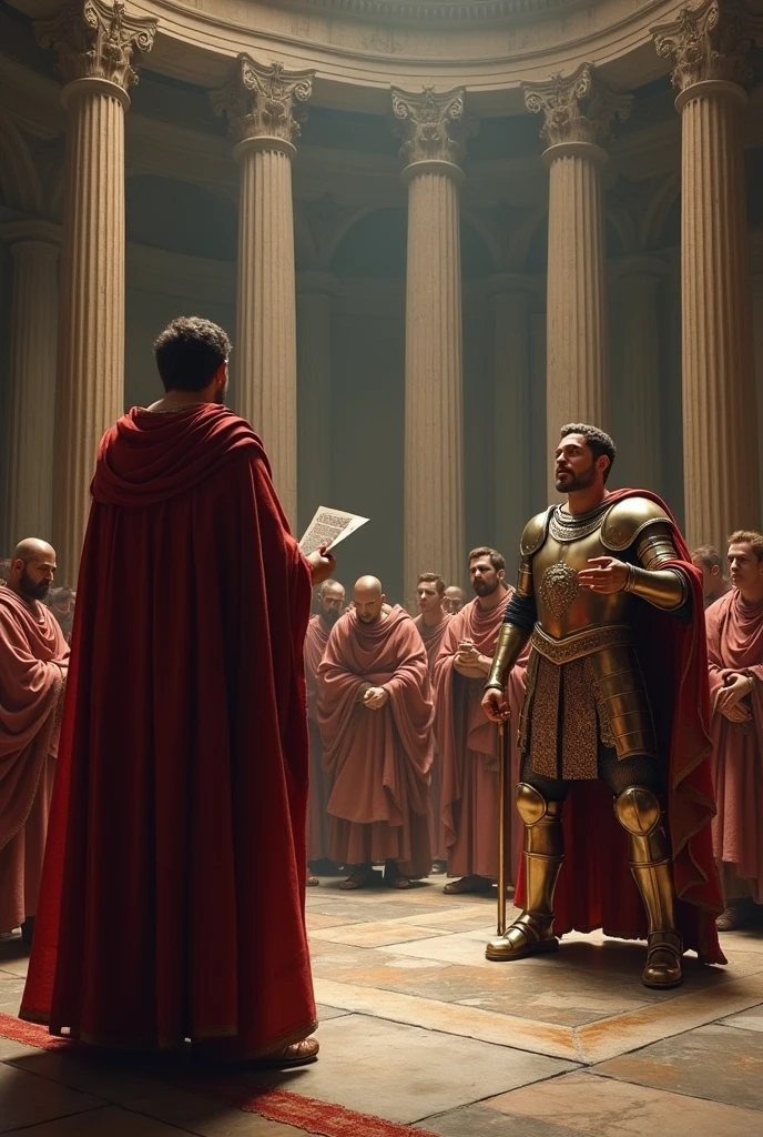Scenario:
enviroment: The scene takes place in the same room of the Roman Senate. The setting remains grand and imposing, with marble columns, stone floors and a high ceiling. In the center of the scene, a tribuna onde Saint George está de pé é o foco principal, while the senators are seated around in a semicircular shape.
main character:
Saint George: He remains on the stand, with an upright and determined posture. His expression is one of courage and conviction, demonstrating your firmness in defending your words and beliefs.
Consul:
Consul: A Roman consul, with elaborate toga and an authoritarian posture, is standing or sitting in front of the tribune, questionando Saint George. The consul's expression is inquisitive and serious., showing the importance of your question.
Action and Expression:
Dialogue: The consul is asking a direct question, perhaps with a gesture that suggests curiosity or challenge. Ele pode estar apontando para Saint George ou segurando um pergaminho com anotações.
Jorge's answer: Saint George está respondendo com firmeza, with a gesture of the hands that emphasizes his determination. His expression is one of resolute calm., showing that he is prepared to defend his beliefs at all costs.
Additional Detail:
interaction: Adicione alguns senadores ao fundo que observam atentamente a troca entre o cônsul e Saint George. Some may be leaning forward, with expressions of curiosity or concern. Others may be arguing amongst themselves in whispers.
Documents and Parchments: Include parchments or documents on the consul's desk or in the hands of senators, reinforcing the formal and serious nature of the debate.
enviroment e Lighting:
Lighting: Mantenha uma iluminação que destaque Saint George e o cônsul, creating a dramatic focus on the exchange of words. Use luz suave e direcionada para iluminar o rosto de Saint George, highlighting his resolute expression.
atmosphere: The atmosphere must be charged with tension and importance.. A luz e as sombras devem ajudar a criar um contraste entre a firmeza de Saint George e o ceti