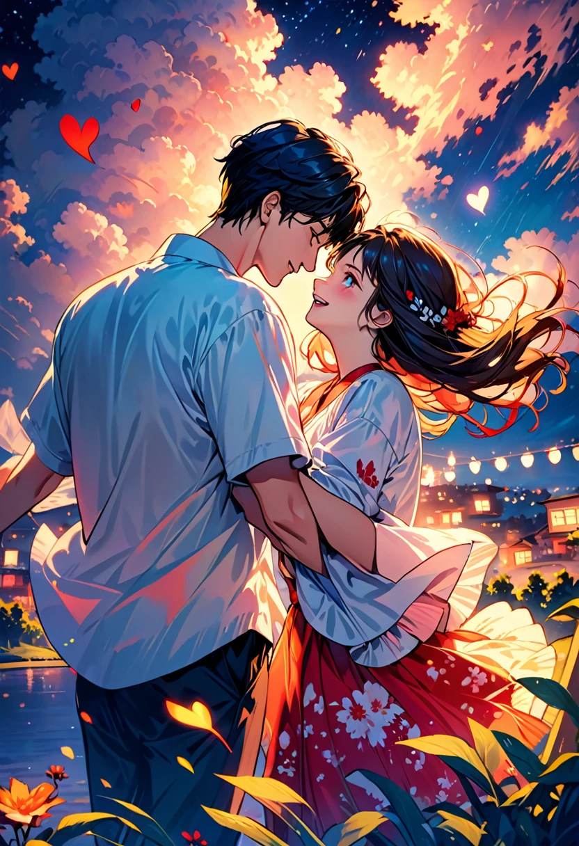 (Highest quality,Very detailed,Realistic:1.37),humor,Comic book style,Bold,Vibrant colors, Close to cool colors,Desaturate,Beautiful night view, A girl and a boy, Fun couple, Laughter, floating love,