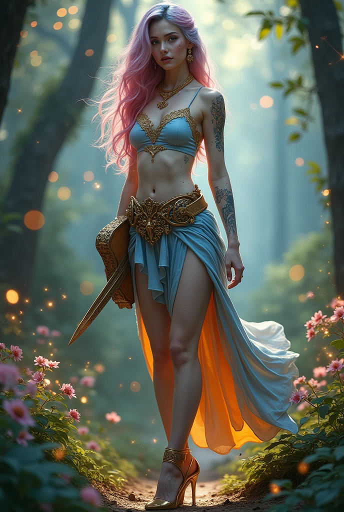 A very beautiful girl, Young and sexy, Your hair is half pink and half blue.. Your skin is white and delicate, with golden magical symbols tattooed on it, and your body is covered in a shimmering golden powder., your eyes are silver, She is noble e possui vestes chiques e elegantes porém é uma aventureira filha de uma fada, She is noble, She is also a bard and loves music, She's always with her delicate lute, besides carrying her beautiful sword, Because she is a bard, she is always with her lute in hand and her beautiful sword sheathed, She also wears high heels, She carries the mandolin in her hands and her sword at her waist..