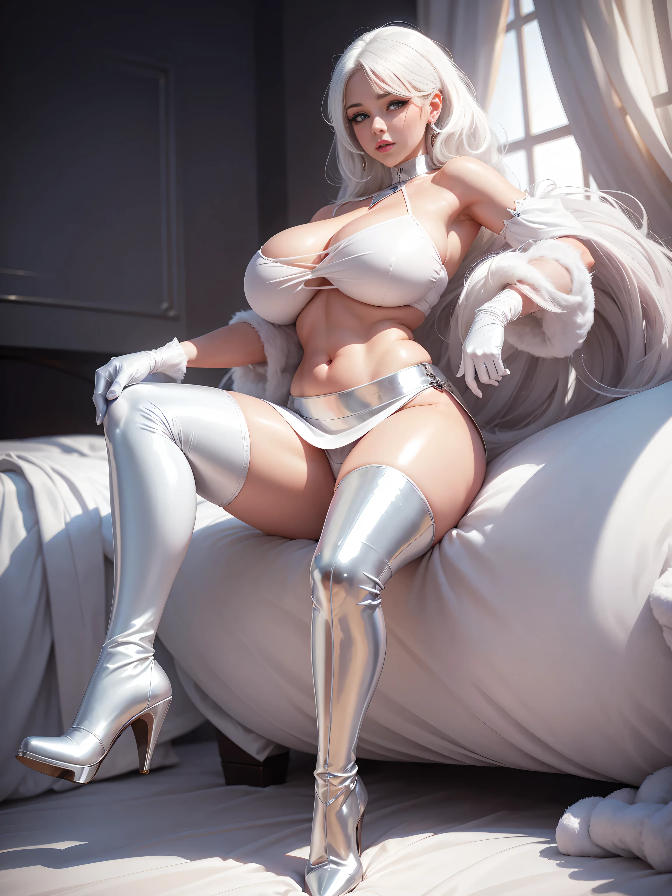 Full body, beautiful eyes, blush, cute face, high quality, 8k, high resolution, (1 cute woman, solo: 1.1), gigantic breasts, lips, lying on a bed, white hair , shiny white crop top, shiny white skirt, shiny white gloves that fully cover her hands, shiny white heel boots, naked shoulders