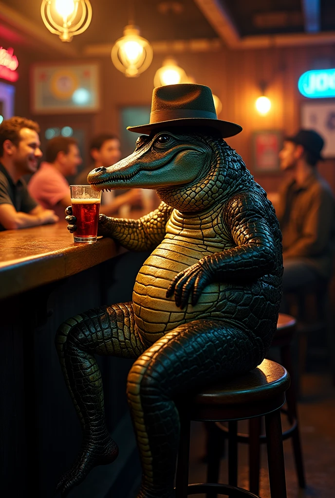 An alligator in a bar 
