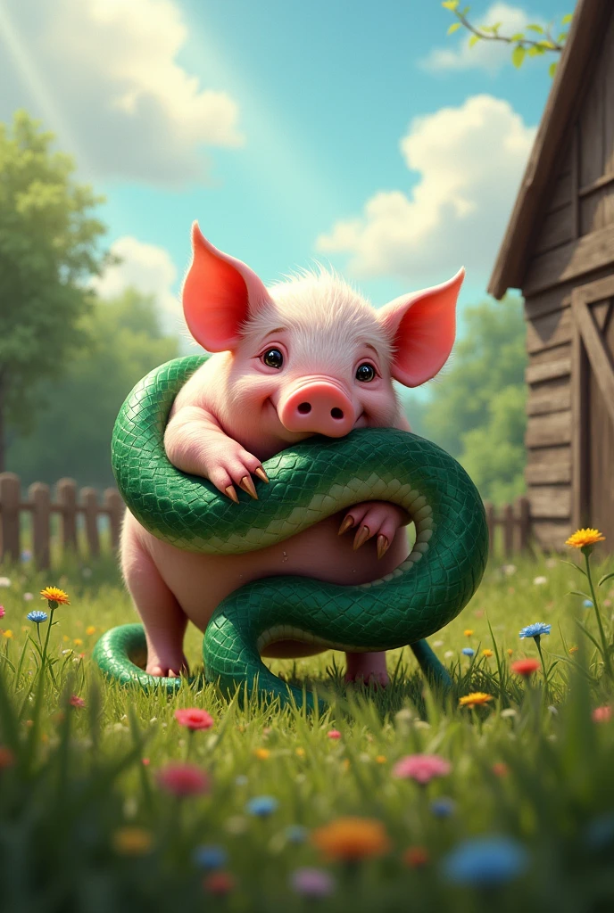 Pig being bitten by a snake