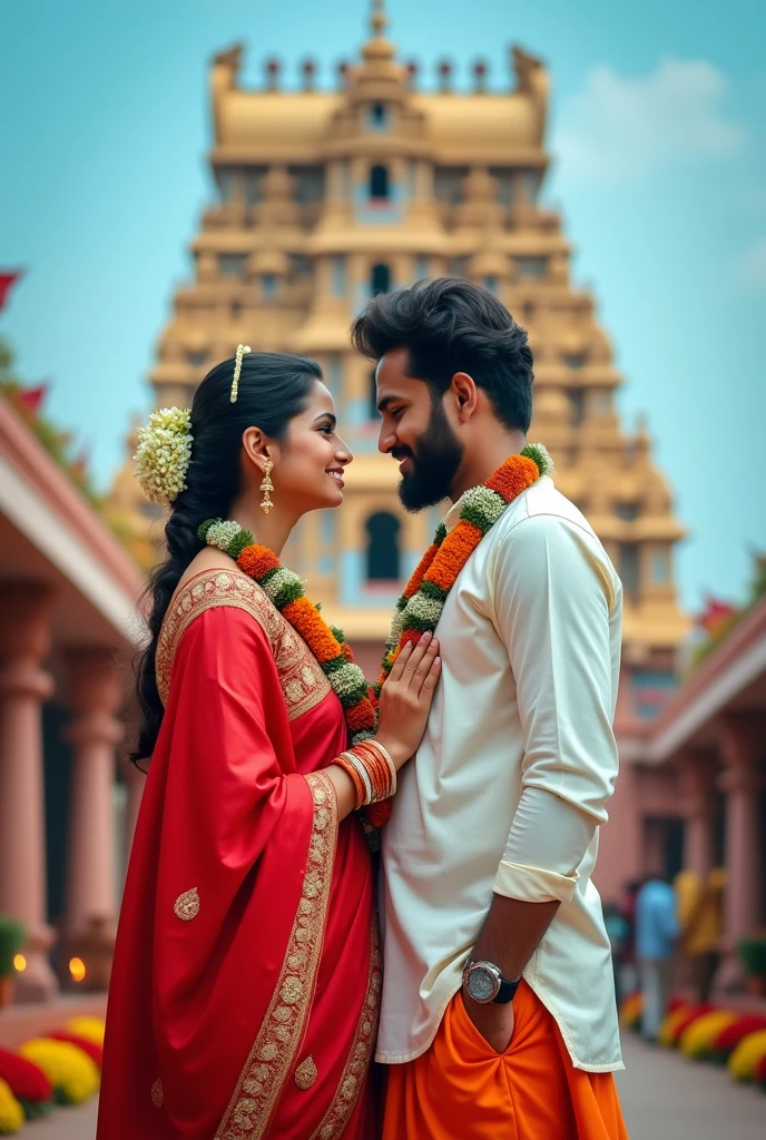 Indian couple in traditional wear at Puri Jagannath temple looking straight and the picture is portrait type
