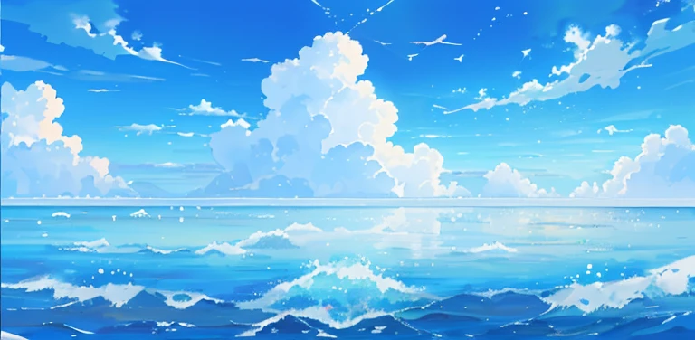 There is a picture of the sea, with the sky as a backdrop, sky and ocean background, bright heavenly sky background,Clouds scattered from the center，clear summer sky background, in Ghibli style，16ก，Hyper HD