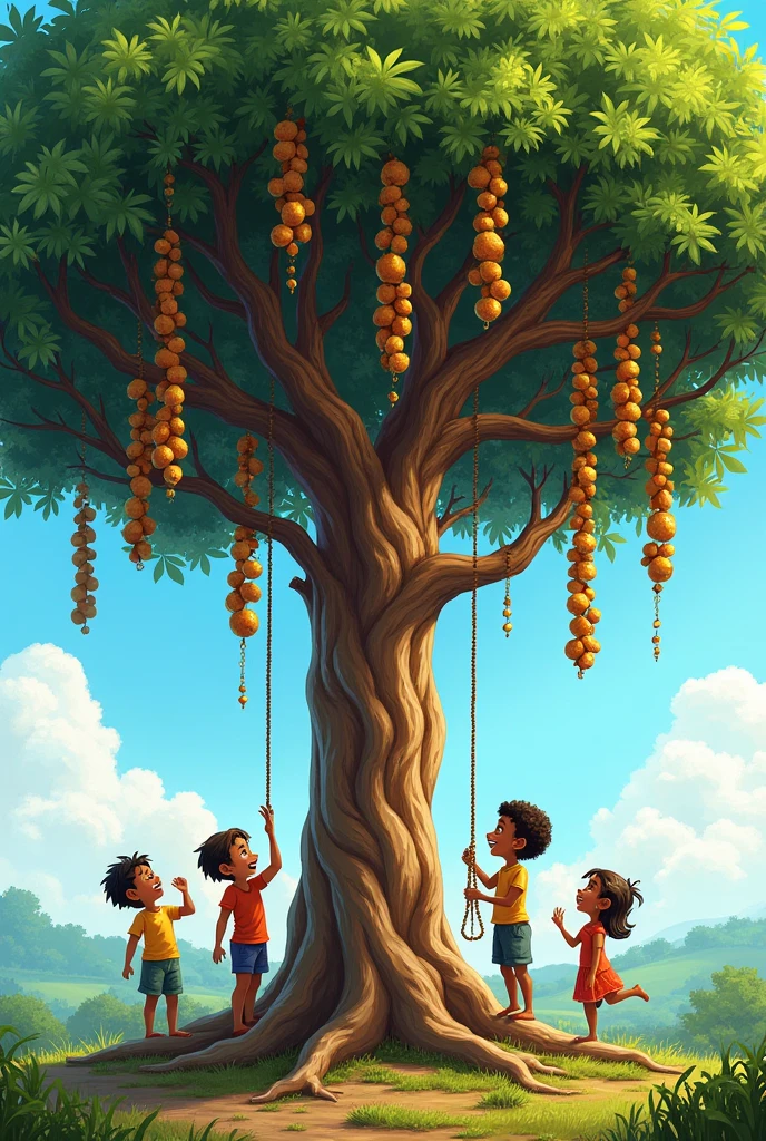 Photos of a tamarind tree with 4 children 
