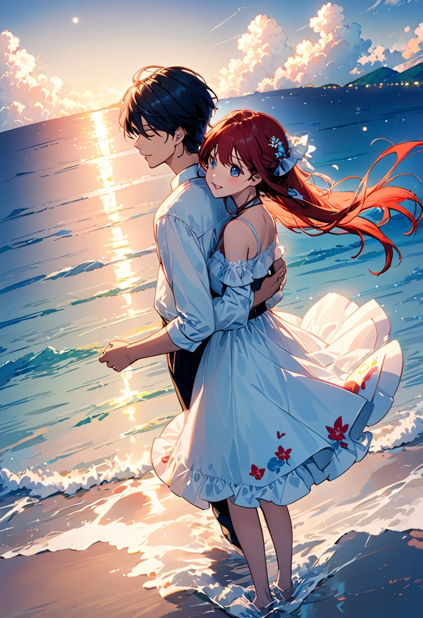 (Highest quality、Very detailed、Real:1.37)、humor、Seaside、night、Starry Sky、Manga style、Desaturate、Fun couple、smile、Floating Love、