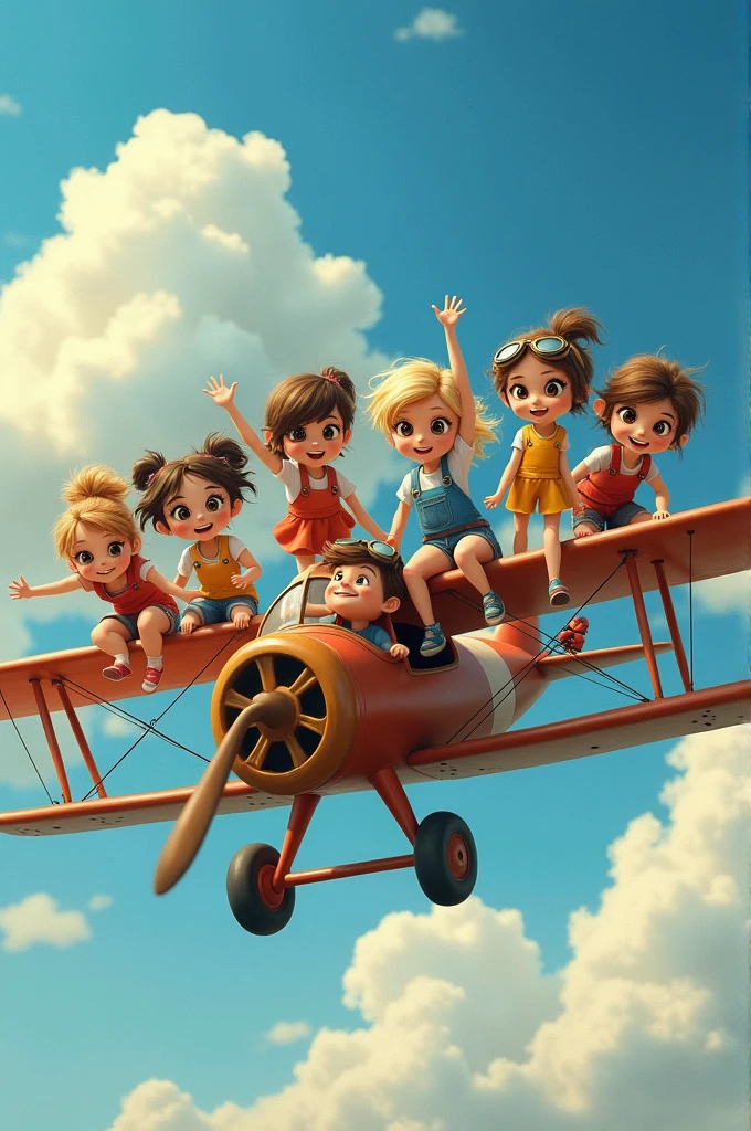 make an image where there are 9 young girls whose riding on top of an airplane and 1 boy is the pilot and hes inside of the plane, where he can be seen through the window.