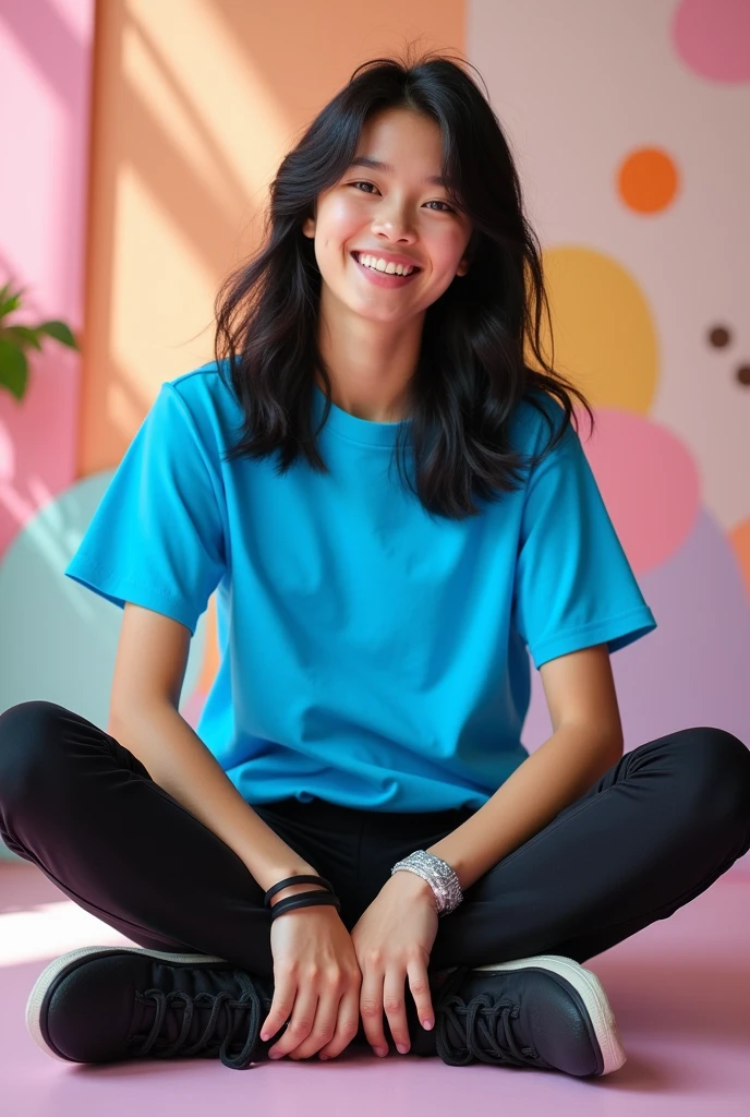 Make a blue short-sleeved shirt for a teenager, black hair, using black athletic pants and sitting cross-legged 