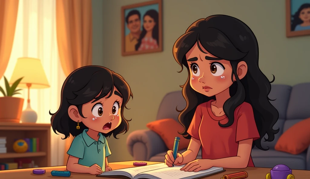ChatGPT

You said:
Suggest me prompts for generating eye-catching images with detailed character (mention age) and detailed background for every scene of my script "'क्या हुआ बेटा किट्टू क्यों रो रहा है मम्मा का सबसे प्यारा बच्चा ?' सुनैना ने किट्टू को गोद में उठाकर पुचकाया तो किट्टू ने सनी की ओर ऊँगली बड़ा दी और खुद फिर उसके गले से लगकर रोने लगी।

'क्यों रुला रहे हो सनी अपनी बहन को? बेटा वो अभी छोटी है न? ऐसा नहीं करते हैं।'

'लेकिन मम्मा देखो न ये कहाँ से ये लॉकेट उठा लाई है और बता भी नहीं रही है।'

'किट्टू क्या है ये? कहां से लेकर आई हो इसे? मैंने कितनी बार मना किया है किसी भी अंजान चीज से हाथ नहीं लगाना चाहिए और तुम तो इसे घर ही ले आईं।'

'सॉरी मम्मा, ये मुझे अलमारी से मिला इसलिये उठा लिया अबसे ऐसा नहीं होगा आई प्रोमिस। 'किट्टू ने उदास होते हुए कहा।

'सनी ये लॉकेट बाहर फेंक दो और किट्टू चलो अब अपना होमवर्क करो।' सुनैना ने बिना लॉकेट पर नजर डाले ही सनी को फेंकने के लिये बोला और खुद वापस काम में लग गई।

काम करते करते कब रात होगई उसे पता ही नहीं चला"
ChatGPT said:
ChatGPT
Here are some prompts for generating eye-catching images for the scenes in your script. Each prompt includes detailed descriptions of the characters and the background.

1. Sunaina Comforting Kittu
Characters: Sunaina (in her early 30s) holds Kittu (a 6-year-old girl with big, tearful eyes) close, comforting her. Sunaina’s expression is soft but worried, her long hair tied back in a messy bun. Kittu clings to her mother's neck, her  trembling slightly.
Background: A cozy but slightly cluttered living room with warm lighting. Toys and books are scattered on the floor, and a faint evening light filters through the curtains. The atmosphere feels homely, yet there's an unsettling tension in the air.
2. Sani Holding the Locket
Characters: Sani (an 8-year-old boy with short, disheveled hair) stands holding a small, mysterious locket in his hand. His face shows a mix of curiosity and confusion as he looks up at his mother. The locket is old, with an intricate design, and seems out of place in the modern 
