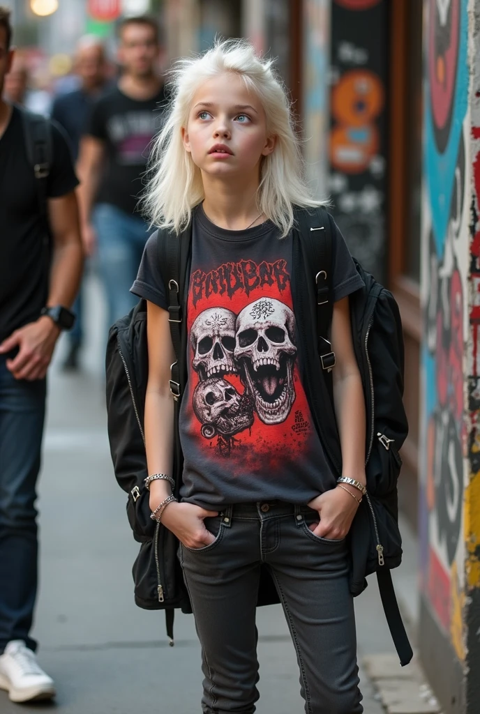 Russian woman, platinum hair with quiff hairstyle. Big pale blue eyes, very pale skin, sleeveless t-shirt with logo of a metal rock band with skulls. Skinny dark grey jeans and white tennis sneakers. Astonished facial expression 