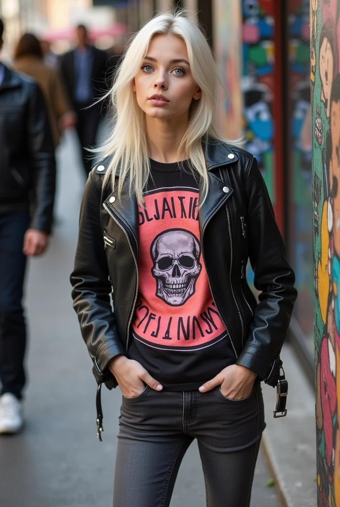 Russian woman, platinum hair with quiff hairstyle. Big pale blue eyes, very pale skin, sleeveless t-shirt with logo of a metal rock band with skulls. Skinny dark grey jeans and white tennis sneakers. Astonished facial expression