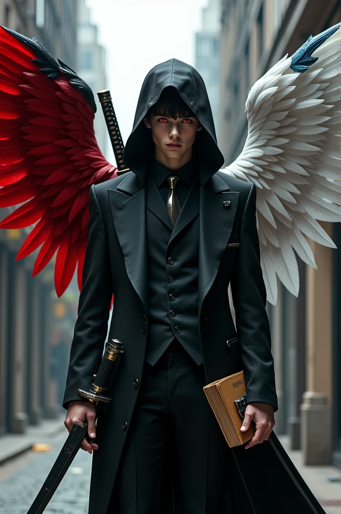 A 20-year-old boy with crimson human eyes , a black formal suit that instead of a formal jacket has a dark jacket with a white hood , with skin-colored face and a black metal muzzle , with 2 wings, one should be red with black tips and the other should be white with metallic blue tips, with 2 katanas swords diagonally on his back with their red sheaths and with 2 pistols on his feet with their respective black holsters in sight and with a book in one of his hands.