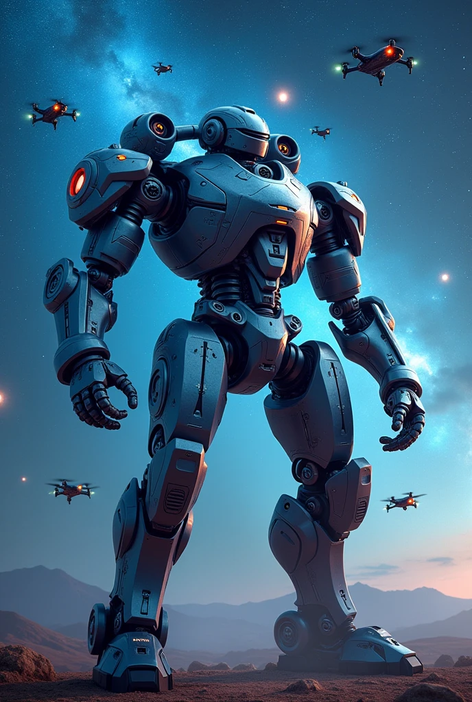 Giant space explorer robot releasing drones from its armor